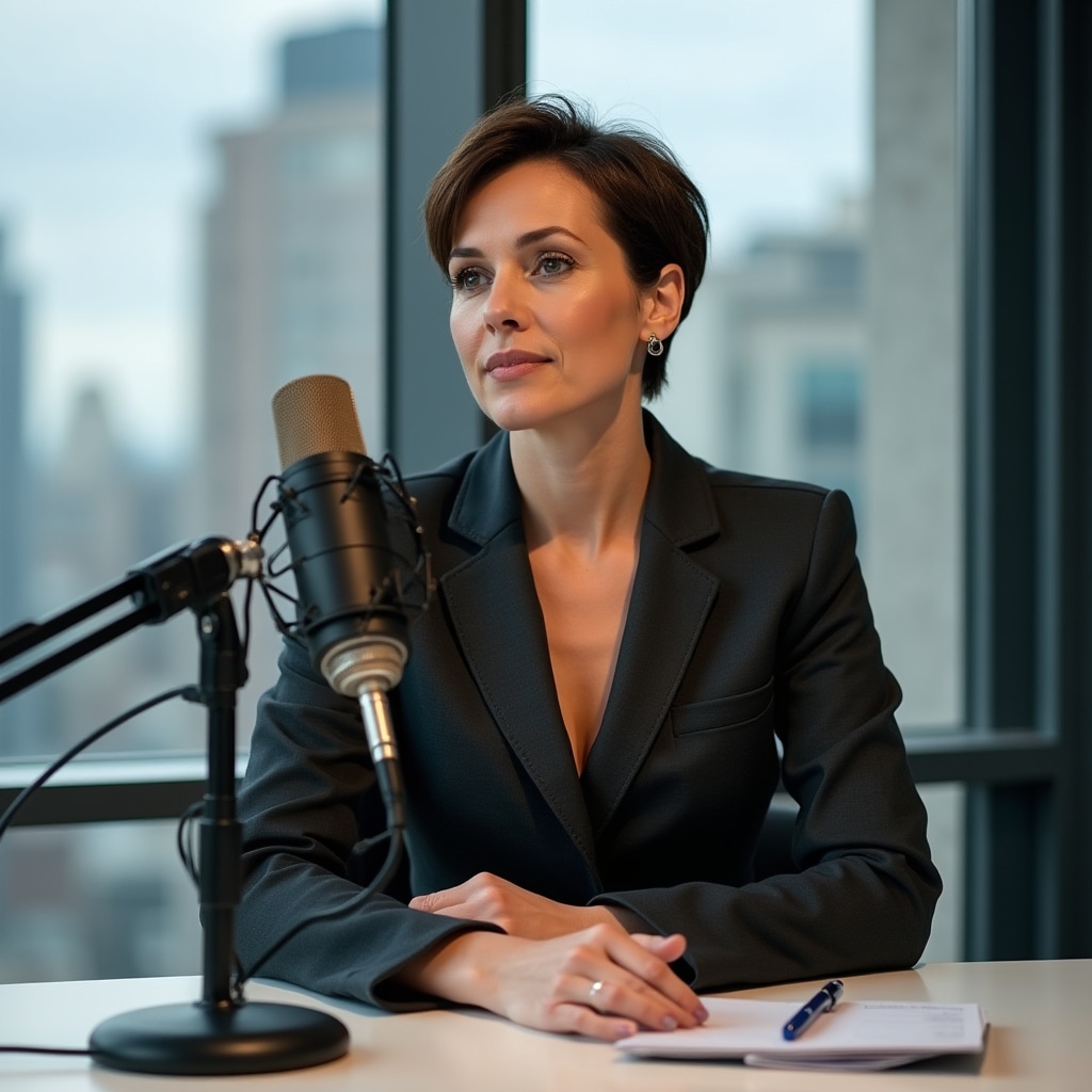 Przedsiębiorca nagrywający podcast biznesowy przy biurku