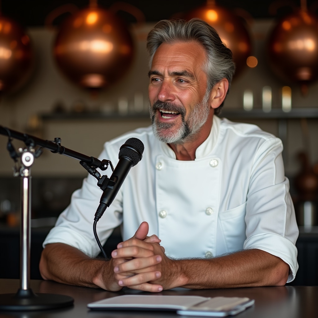 Kucharz nagrywający podcast kulinarny w restauracji
